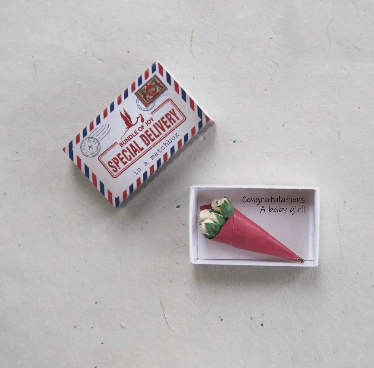 Special Delivery Baby Girl ~ Bunch of Flowers in A Matchbox