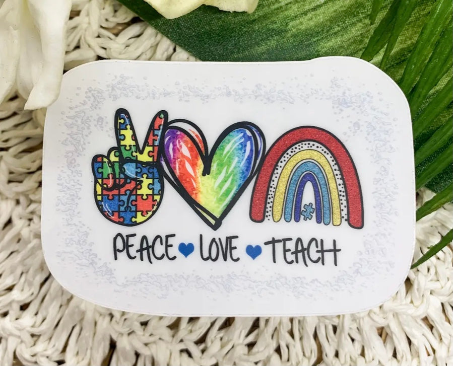 Autism Awareness Peace Love ~ Clear Vinyl Sticker 3x3 in.